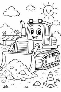 Bulldozer pushing dirt coloring page for kids featuring a smiling tracked bulldozer, rocks, traffic cone, construction barrier and happy sun