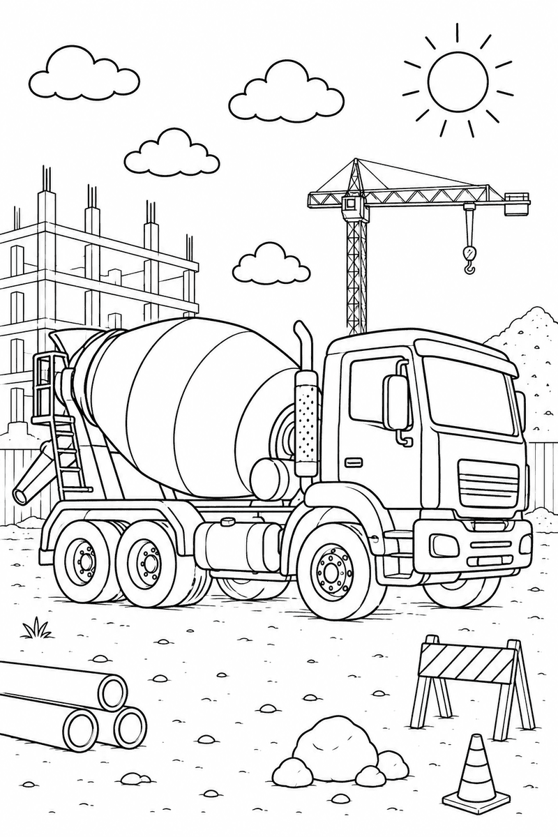 Cement mixer truck coloring page for kids featuring a construction truck facing right beside a crane, unfinished building, pipes and safety barriers