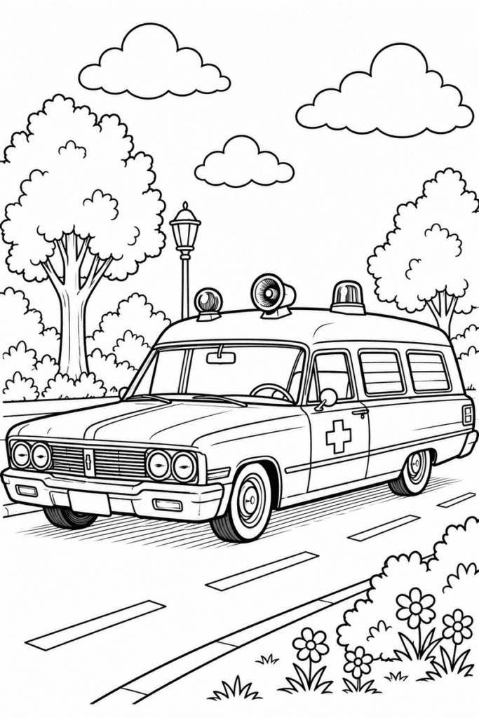 Classic American ambulance coloring page for kids featuring a vintage station wagon ambulance with roof lights and a medical cross on a suburban street