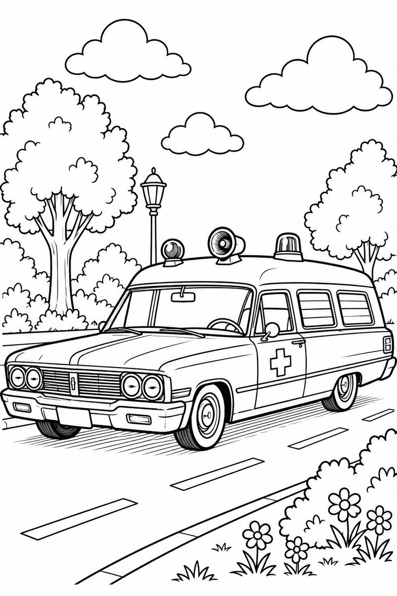 Classic American ambulance coloring page for kids featuring a vintage station wagon ambulance with roof lights and a medical cross on a suburban street