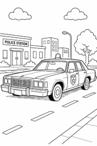 Classic police car coloring page for kids featuring an old police car in front of a police station