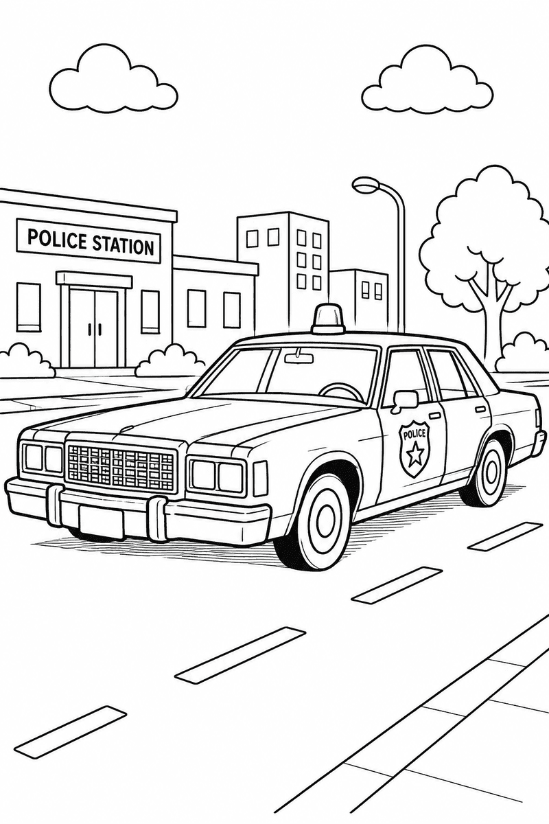 Classic police car coloring page for kids featuring an old police car in front of a police station