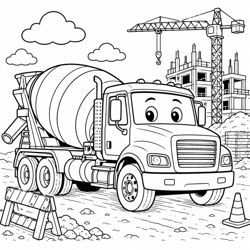 Construction vehicles coloring pages for kids featuring a smiling cement mixer truck at a construction site