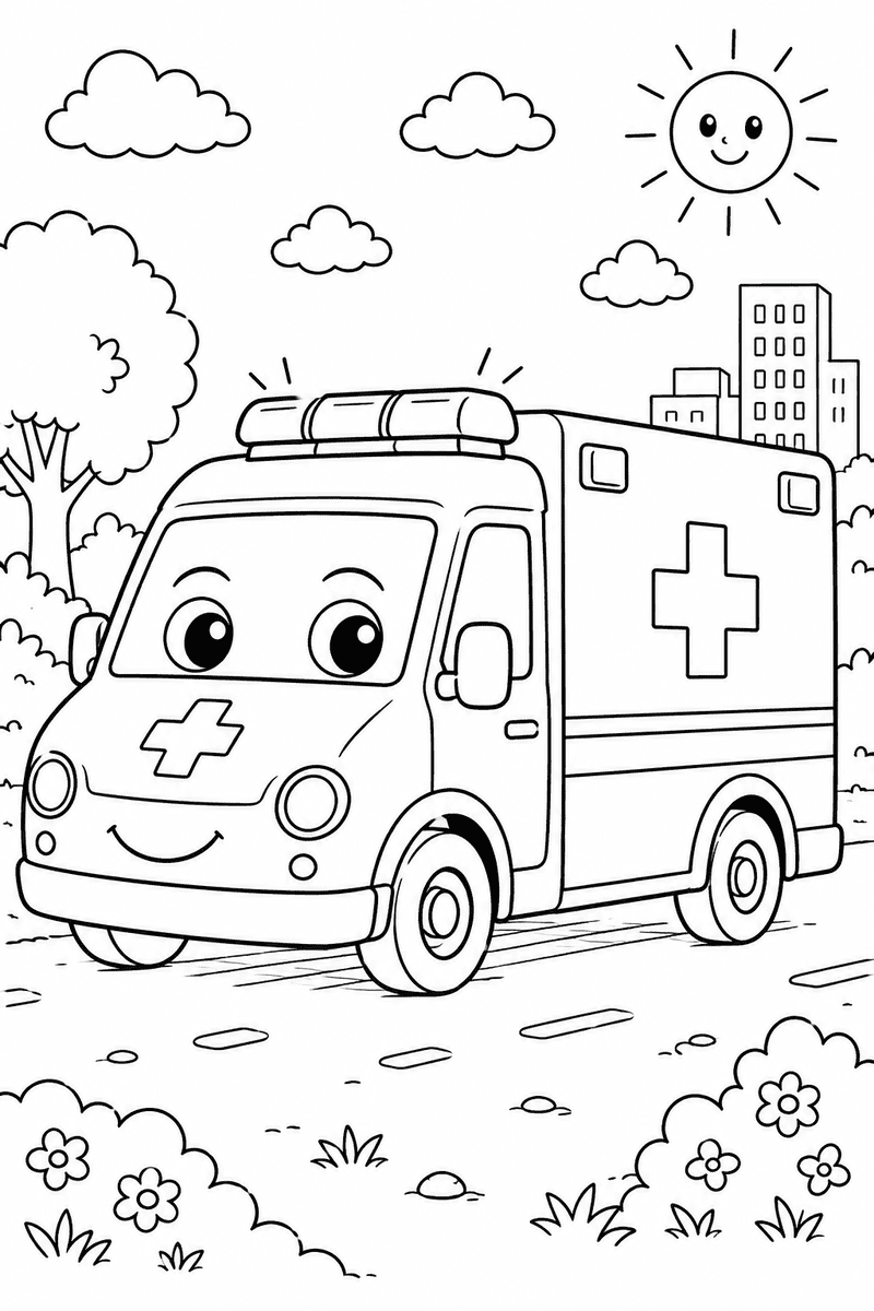 Cute ambulance coloring page for kids featuring a smiling emergency vehicle with big eyes, medical crosses, trees, flowers and a city background