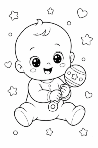 Cute baby with rattle coloring page for kids featuring a smiling baby sitting and holding a toy rattle surrounded by stars and hearts