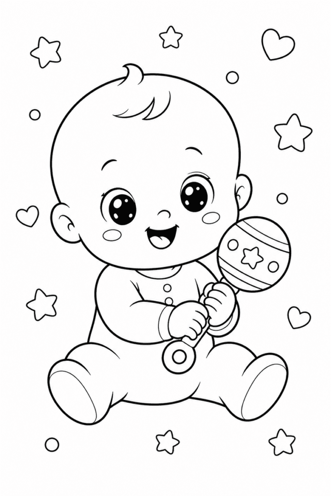 Cute baby with rattle coloring page for kids featuring a smiling baby sitting and holding a toy rattle surrounded by stars and hearts