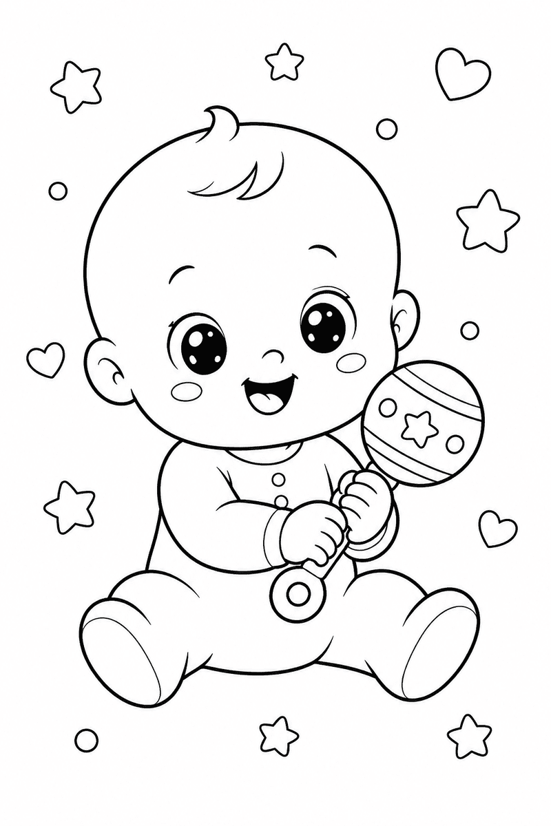 Cute baby with rattle coloring page for kids featuring a smiling baby sitting and holding a toy rattle surrounded by stars and hearts