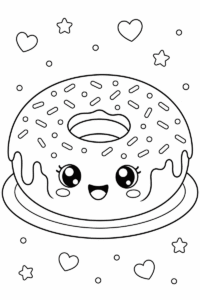 Cute donut coloring page for kids featuring a smiling kawaii donut with icing and sprinkles on a plate surrounded by hearts and stars