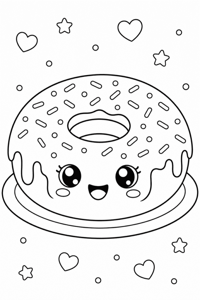 Cute donut coloring page for kids featuring a smiling kawaii donut with icing and sprinkles on a plate surrounded by hearts and stars