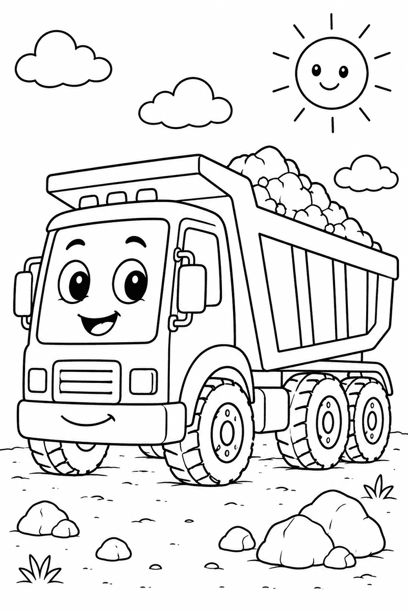 Cute dump truck coloring page for kids featuring a smiling construction truck carrying rocks on a simple building site