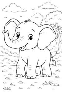 Cute elephant coloring page for kids with a smiling baby elephant standing in nature