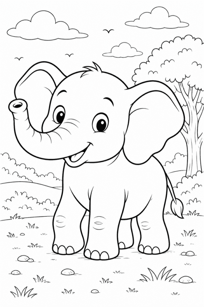 Cute elephant coloring page for kids with a smiling baby elephant standing in nature