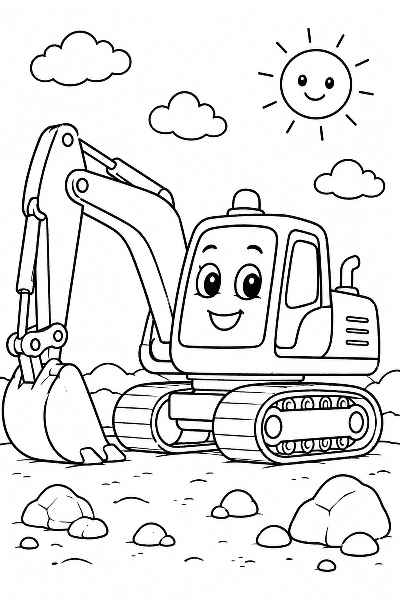 Cute excavator coloring page for kids featuring a smiling tracked excavator with big eyes, a digging bucket, rocks, clouds and a happy sun