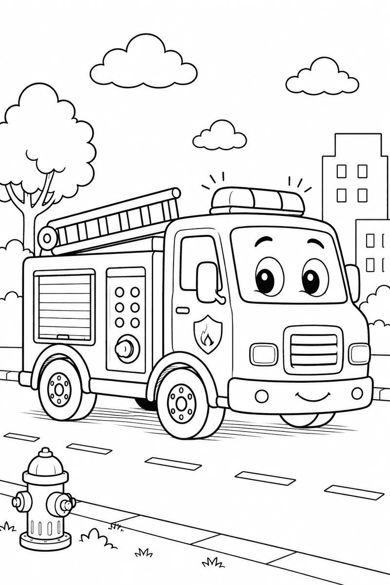 Cute fire truck coloring page for kids featuring a smiling fire truck with big eyes on a city street