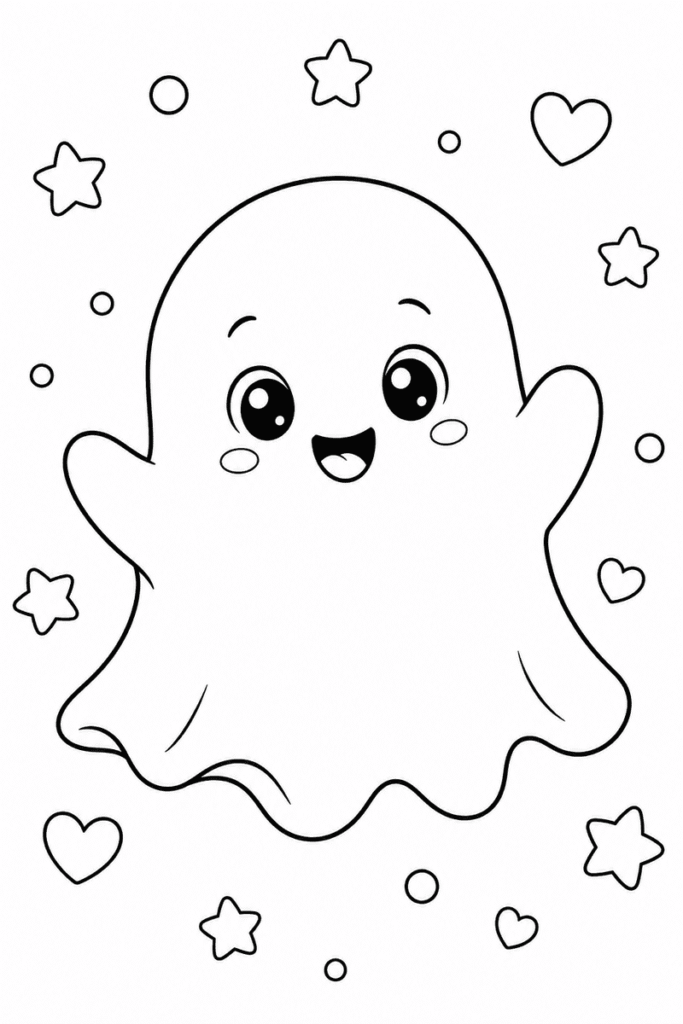 Cute friendly ghost coloring page for kids featuring a smiling ghost surrounded by stars, hearts and small circles