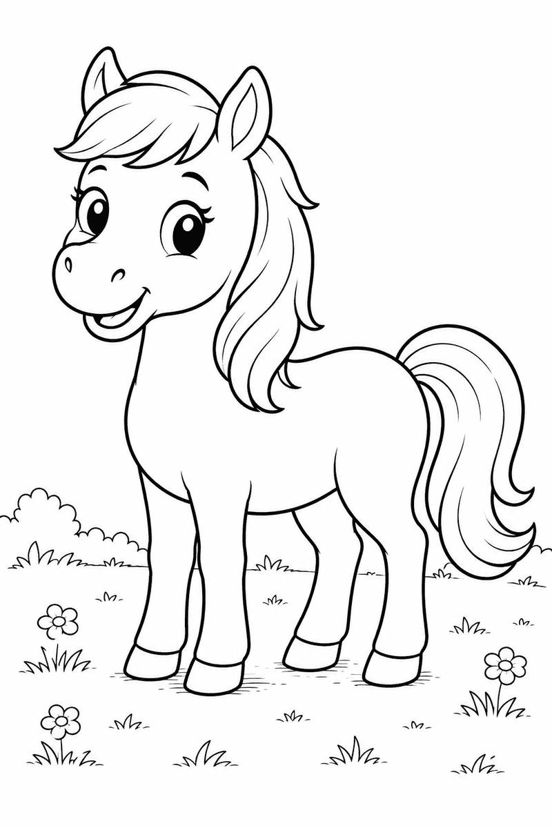 Cute horse coloring page for kids with a smiling horse standing in a meadow