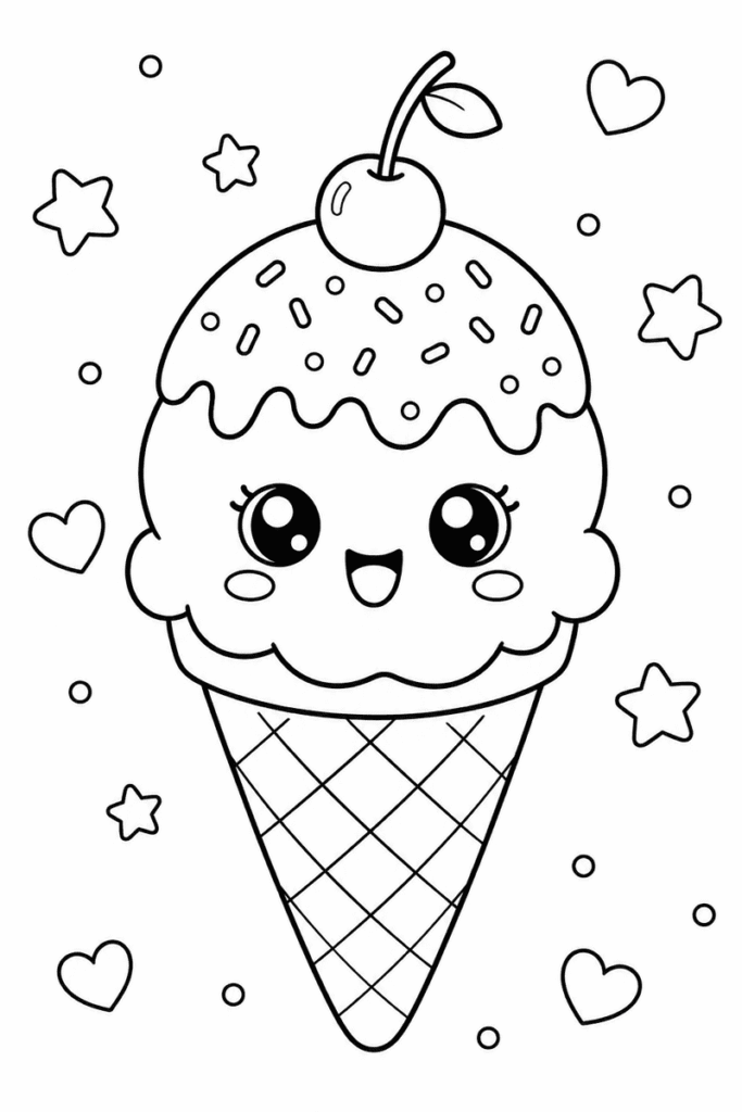 Cute ice cream cone coloring page for kids featuring a smiling kawaii ice cream with sprinkles and a cherry surrounded by hearts and stars