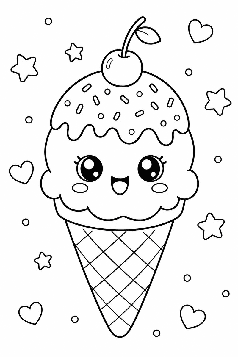 Cute ice cream cone coloring page for kids featuring a smiling kawaii ice cream with sprinkles and a cherry surrounded by hearts and stars