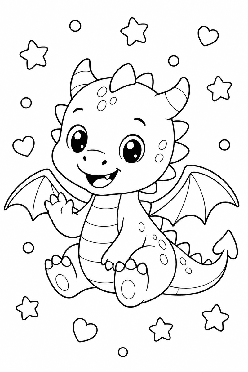 Cute little dragon coloring page for kids featuring a smiling baby dragon with wings surrounded by stars and hearts