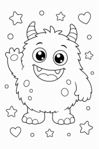 Cute little monster coloring page for kids featuring a friendly fluffy monster with striped horns waving among stars and hearts
