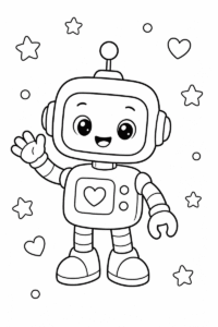 Cute little robot coloring page for kids featuring a friendly waving robot surrounded by stars and hearts