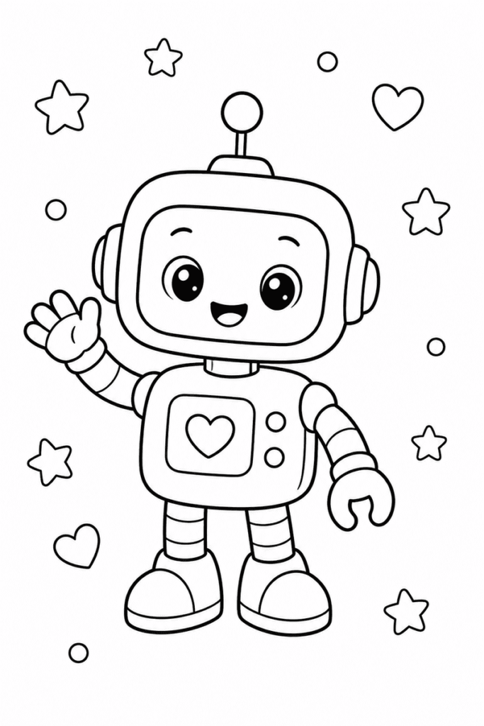 Cute little robot coloring page for kids featuring a friendly waving robot surrounded by stars and hearts