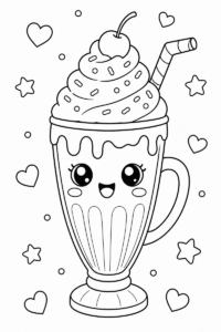 Cute milkshake coloring page for kids featuring a smiling kawaii milkshake with whipped cream, sprinkles, a cherry and a striped straw