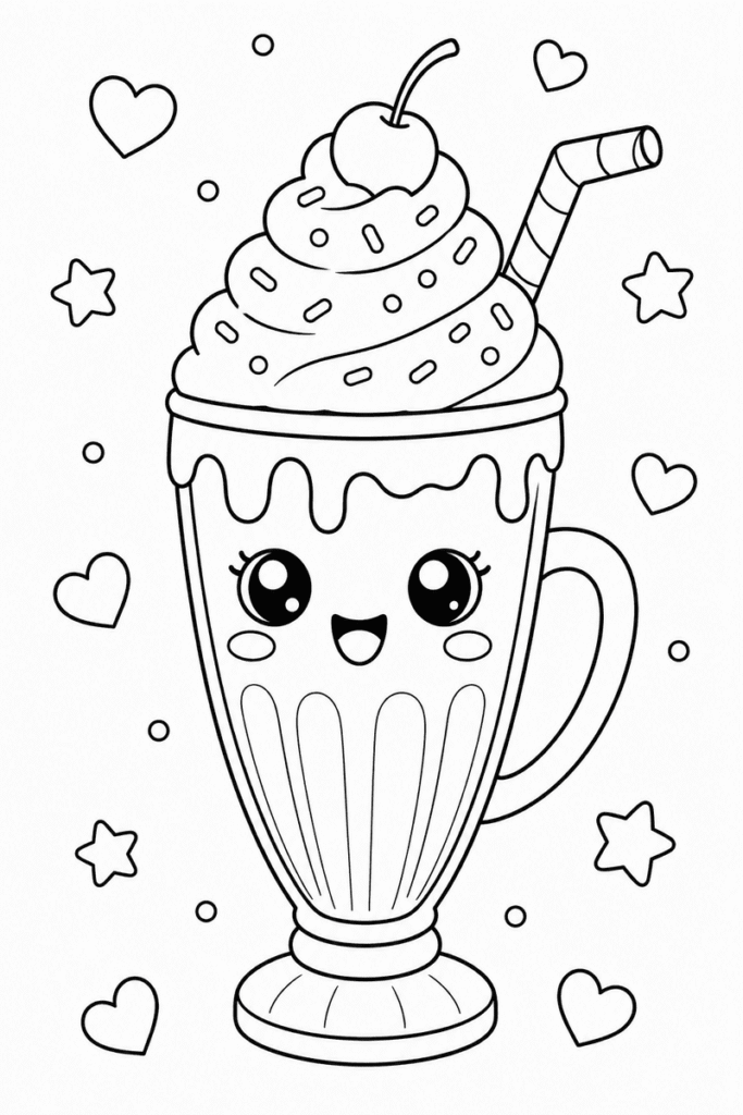 Cute milkshake coloring page for kids featuring a smiling kawaii milkshake with whipped cream, sprinkles, a cherry and a striped straw