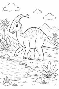 Cute Parasaurolophus coloring page for kids featuring a friendly dinosaur walking near a peaceful pond