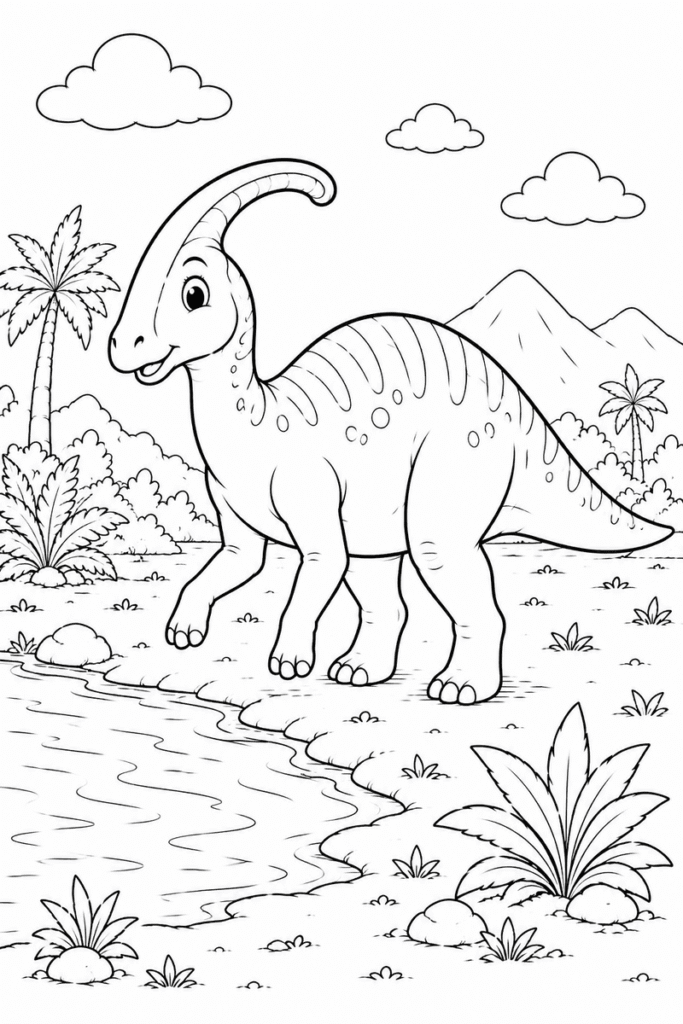Cute Parasaurolophus coloring page for kids featuring a friendly dinosaur walking near a peaceful pond