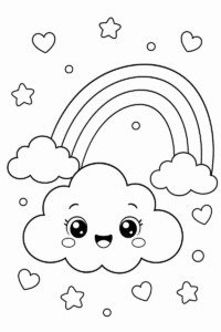 Cute rainbow cloud coloring page for kids featuring a smiling cloud beneath a large rainbow surrounded by stars and hearts