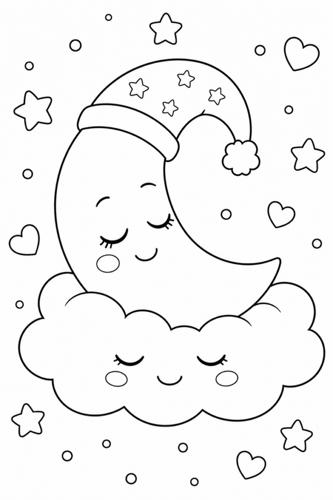 Cute sleeping moon on cloud coloring page for kids featuring a crescent moon in a nightcap resting on a smiling cloud among stars and hearts