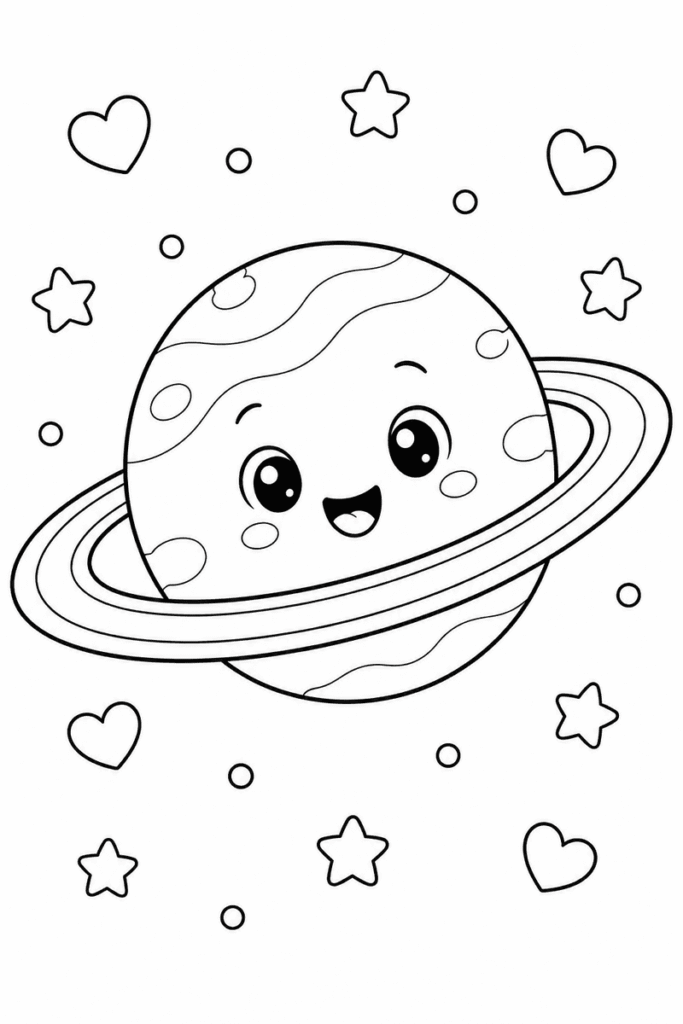 Cute smiling planet with ring coloring page for kids featuring a happy ringed planet surrounded by stars, hearts and small space circles