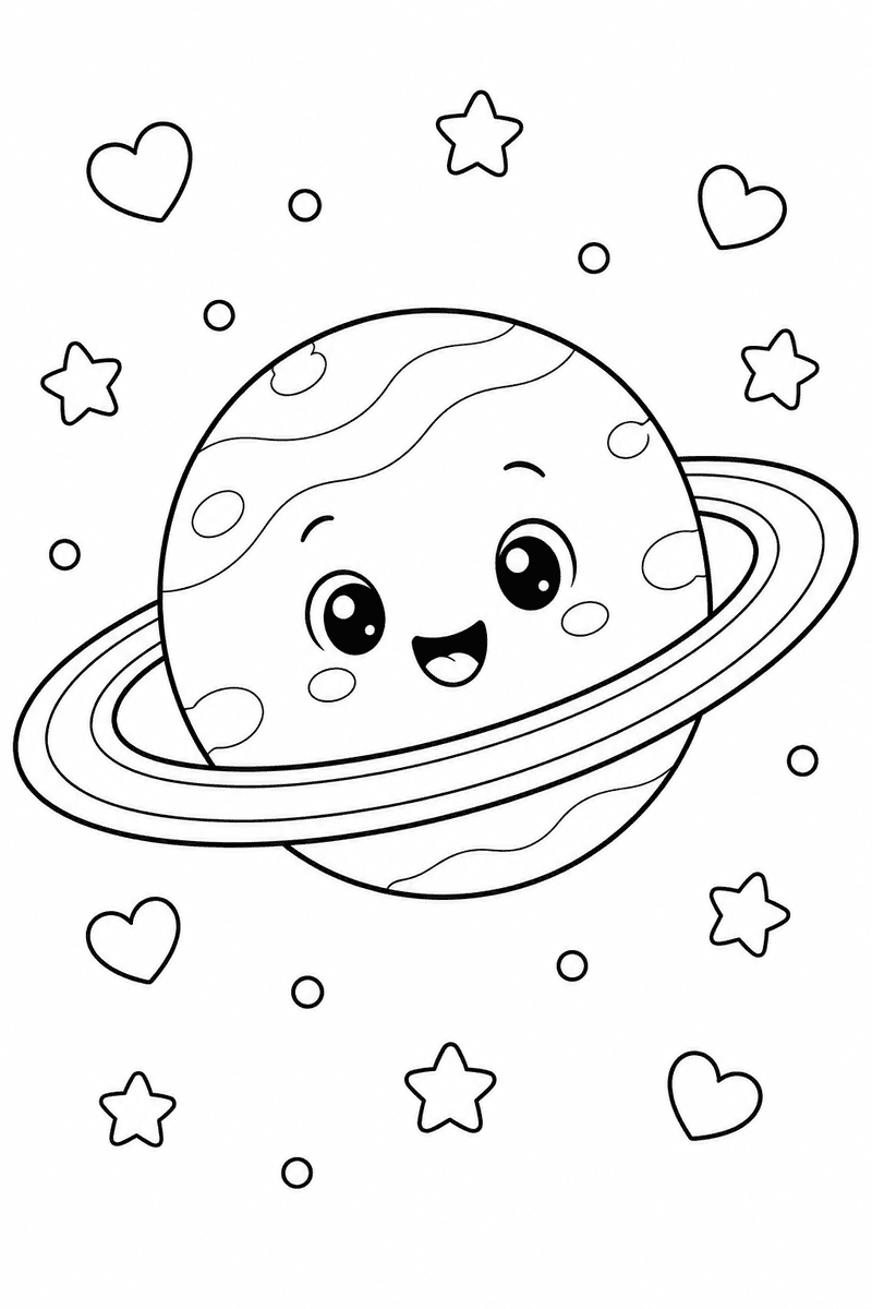 Cute smiling planet with ring coloring page for kids featuring a happy ringed planet surrounded by stars, hearts and small space circles