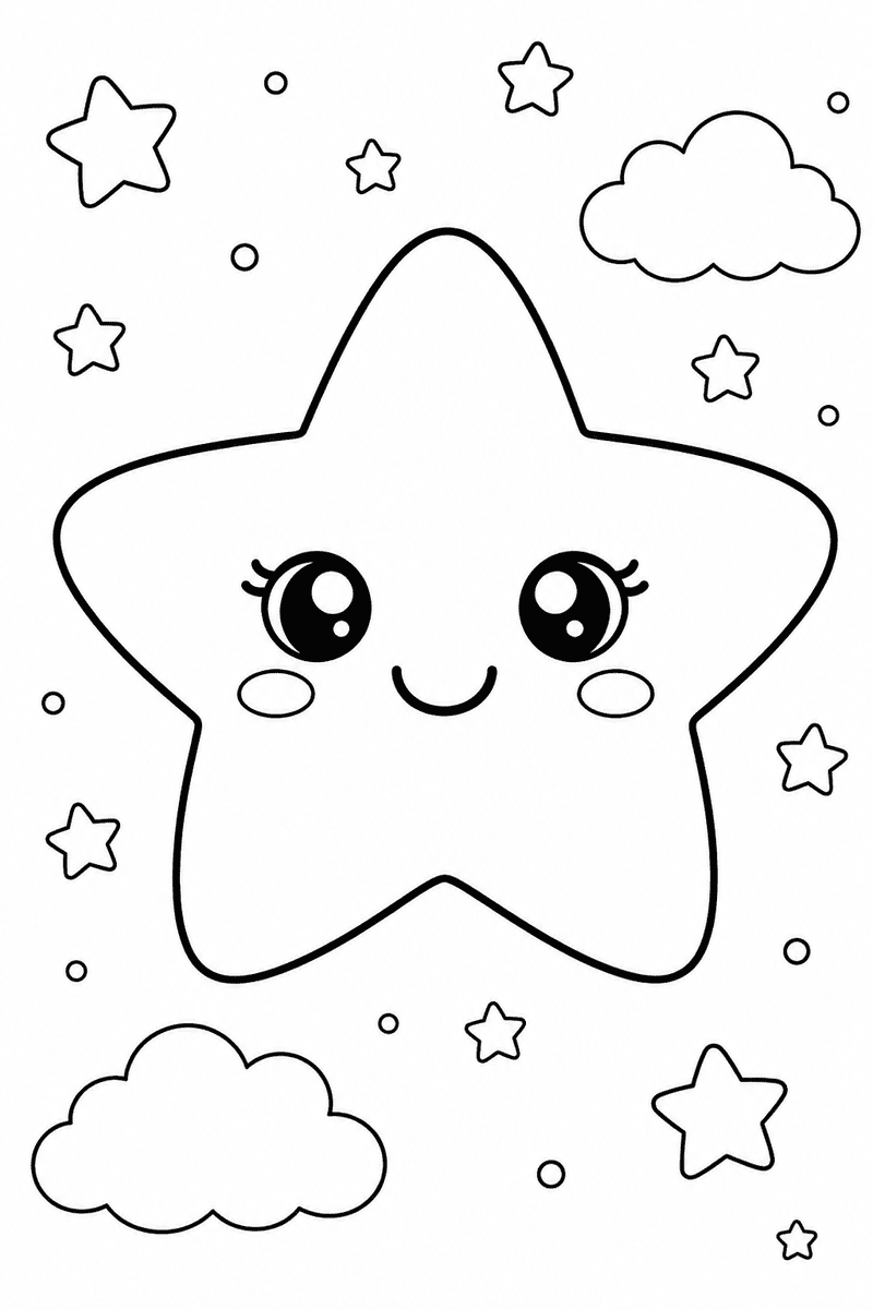 Cute smiling star coloring page for kids featuring a large kawaii star with big eyes surrounded by small stars and fluffy clouds