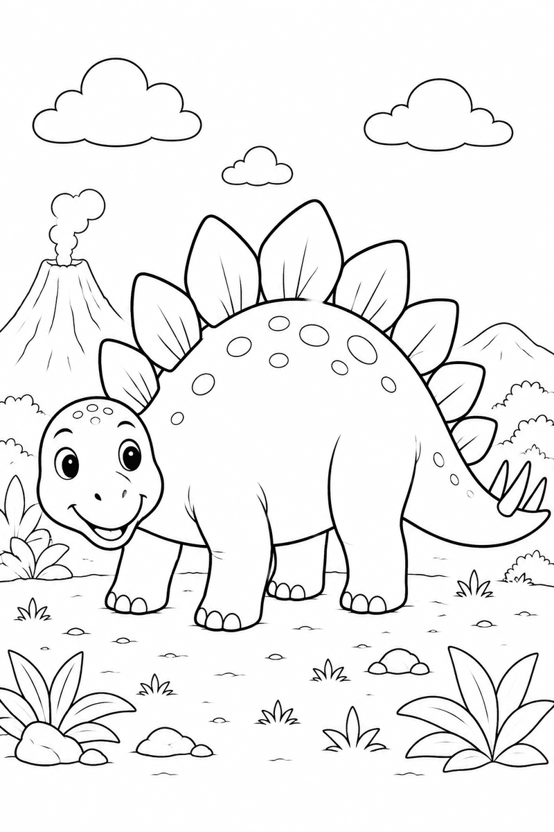 Cute Stegosaurus coloring page for kids featuring a smiling dinosaur with plates on its back in a simple prehistoric scene