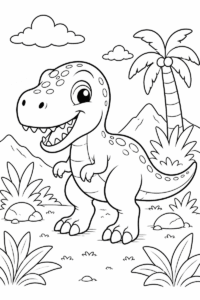 Cute T Rex coloring page for kids featuring a smiling dinosaur in a simple prehistoric scene