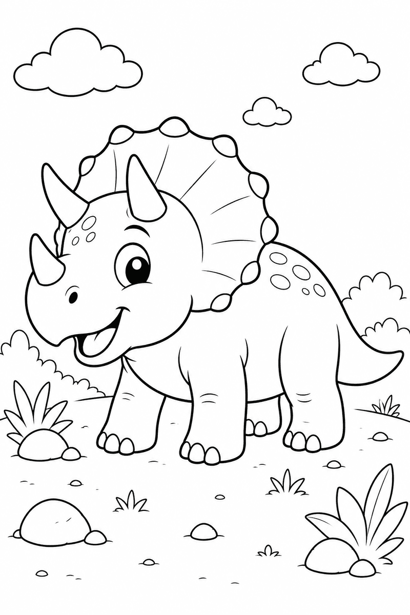Cute Triceratops coloring page for kids featuring a smiling dinosaur in a simple prehistoric scene