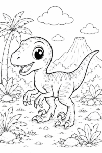 Cute Velociraptor coloring page for kids featuring a smiling baby raptor with sharp claws in a prehistoric scene