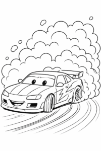 Drifting race car coloring page for kids featuring a smiling racing car drifting on a track with smoke behind it