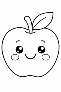 Easy apple coloring page for kids featuring a large smiling apple with a leaf, thick outlines and simple spaces