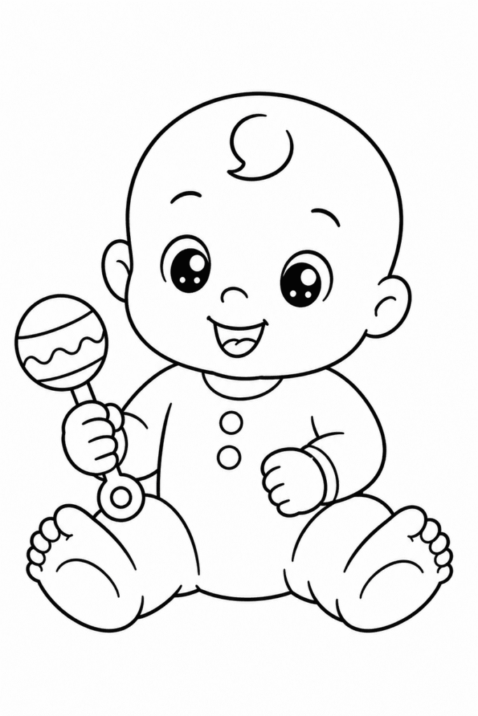 Easy baby with rattle coloring page for kids featuring a smiling seated baby holding a toy rattle with thick simple outlines
