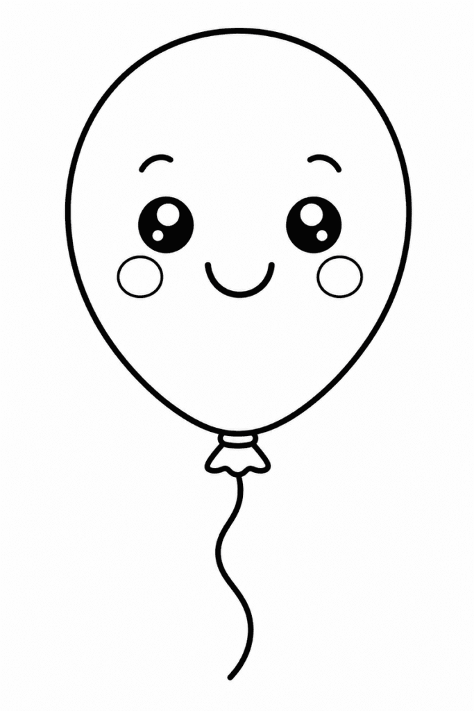 Easy balloon coloring page for kids featuring a large smiling balloon with a simple string and thick outlines