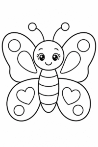 Easy butterfly coloring page for kids featuring a smiling butterfly with large rounded wings, hearts, circles and thick simple outlines
