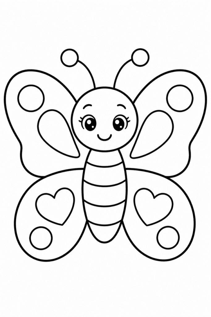 Easy butterfly coloring page for kids featuring a smiling butterfly with large rounded wings, hearts, circles and thick simple outlines