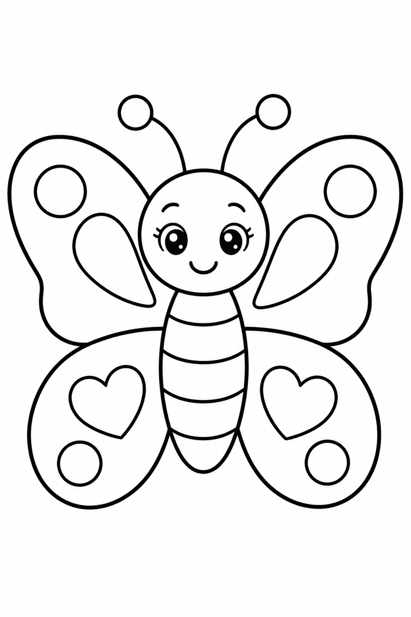 Easy butterfly coloring page for kids featuring a smiling butterfly with large rounded wings, hearts, circles and thick simple outlines