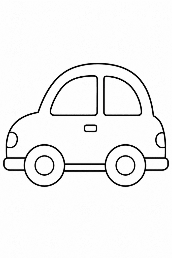 Easy car coloring page for kids featuring a simple small car with large wheels, rounded windows and thick outlines