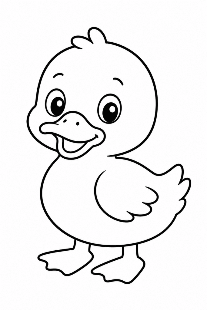 Easy duckling coloring page for kids featuring one large smiling baby duck with thick outlines and simple open spaces