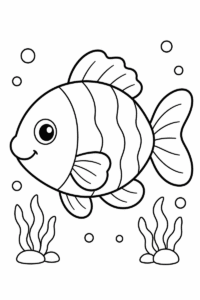 Easy fish coloring page for kids featuring a large smiling fish with bubbles, seaweed, stones and thick simple outlines