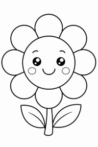 Easy flower coloring page for kids featuring a large smiling flower with rounded petals, two leaves and thick simple outlines